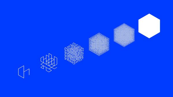 Six white drawings on a bright blue background, climbing diagonally from left to right: a few loose lines become a folded line drawing of a cube, grow denser stage by stage, and end as a soli