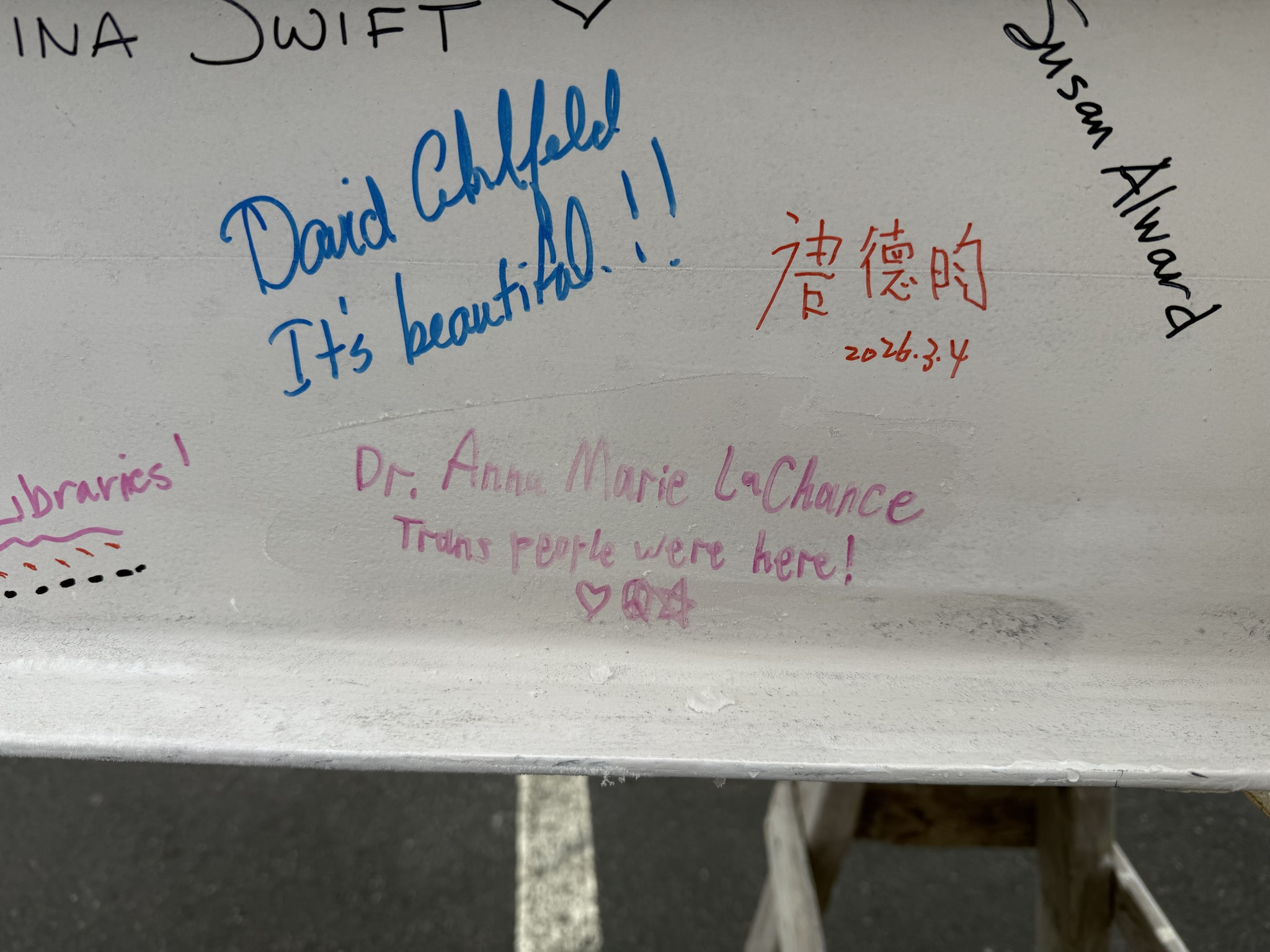 Among other signatures, mine reads "Dr. Anna Marie LaChance / Trans people were here!"
