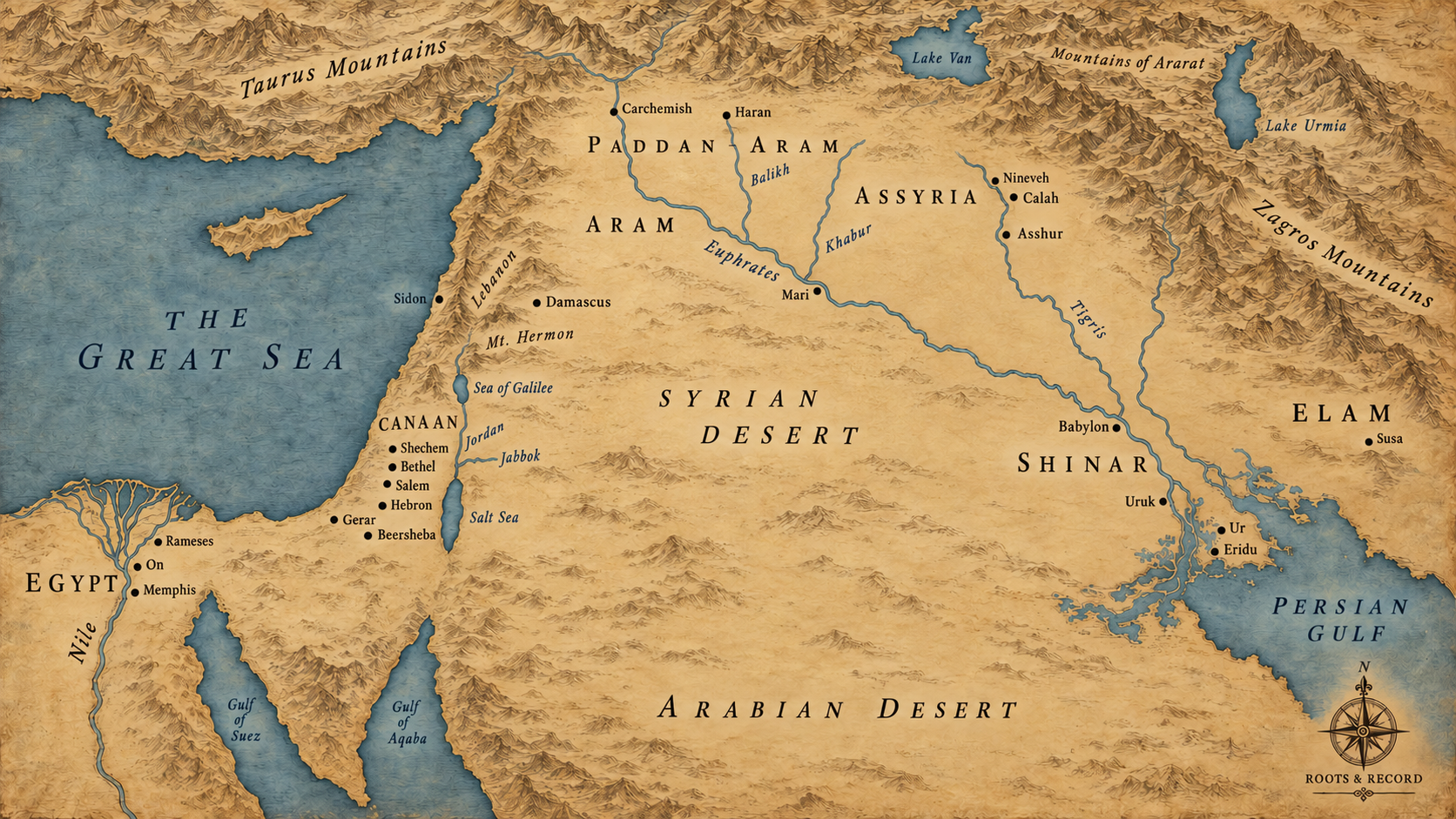Ancient Near East map with a pin in the Mountains of Ararat between Lake Van and Lake Urmia