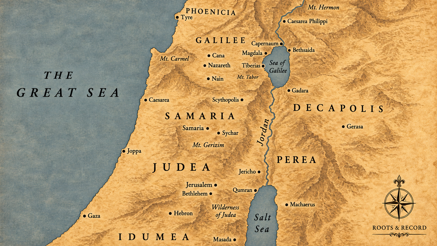 First-century Galilee and Judea map with a pin in the hill country of Galilee west of the Sea of Galilee