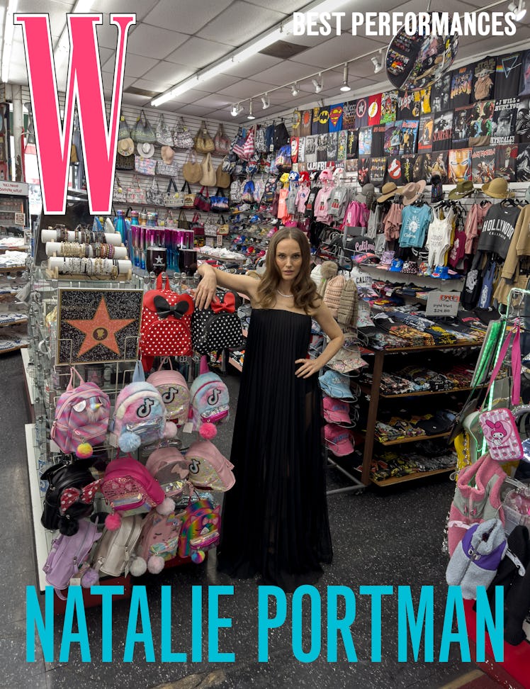 Portman wears a Dior dress, briefs, and sandals; Tiffany & Co. necklace.