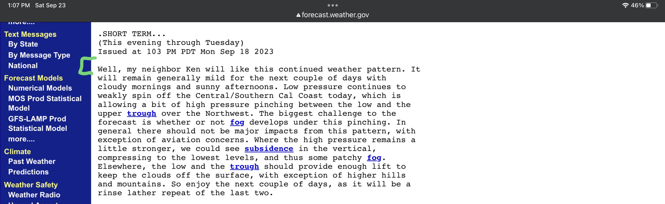 NWS Bay Area forecast discussion mentioning an apparent neighbor of the forecaster