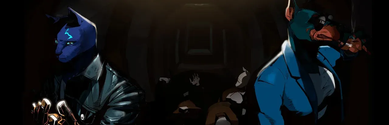 A bipedal humanoid panther and dobberman back to back left and righ in front of a dark background.