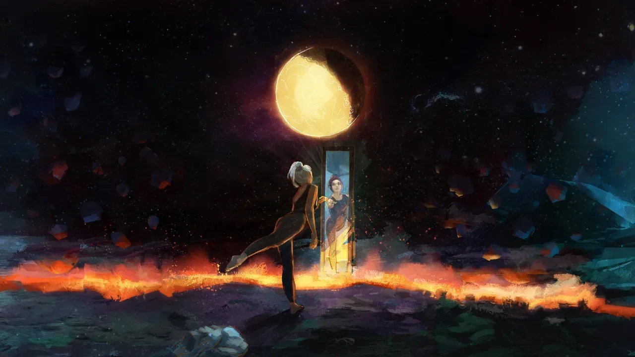 A dancer, posing in arabesque on a planet of cold rocks and hot lava in front of a dressing mirror under an almost full moon in a starru sky.