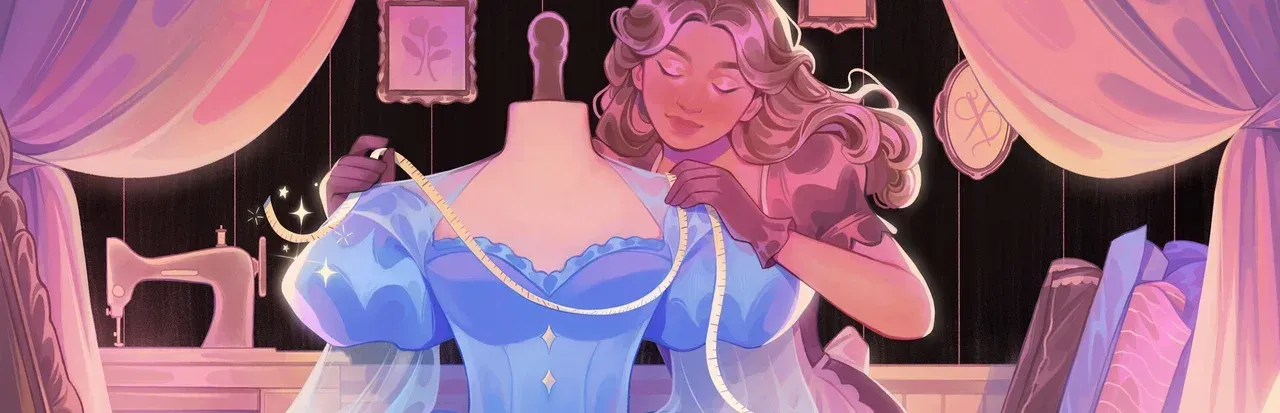 A woman with long fair hair wearing gloves and handling a mesuring tape around the neck of a manequin dressed with a beautiful blue princess garnment.