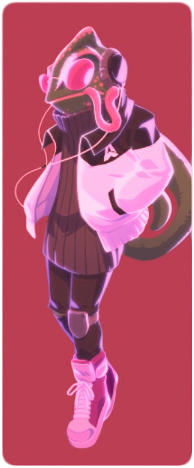 Roscoe the Chameleon wearing a black and white jacket over a heavy sweatshirt with a high neck, dark throusers with kneepad and a pair of red snickers. He's listening to music through his heavy headphones.