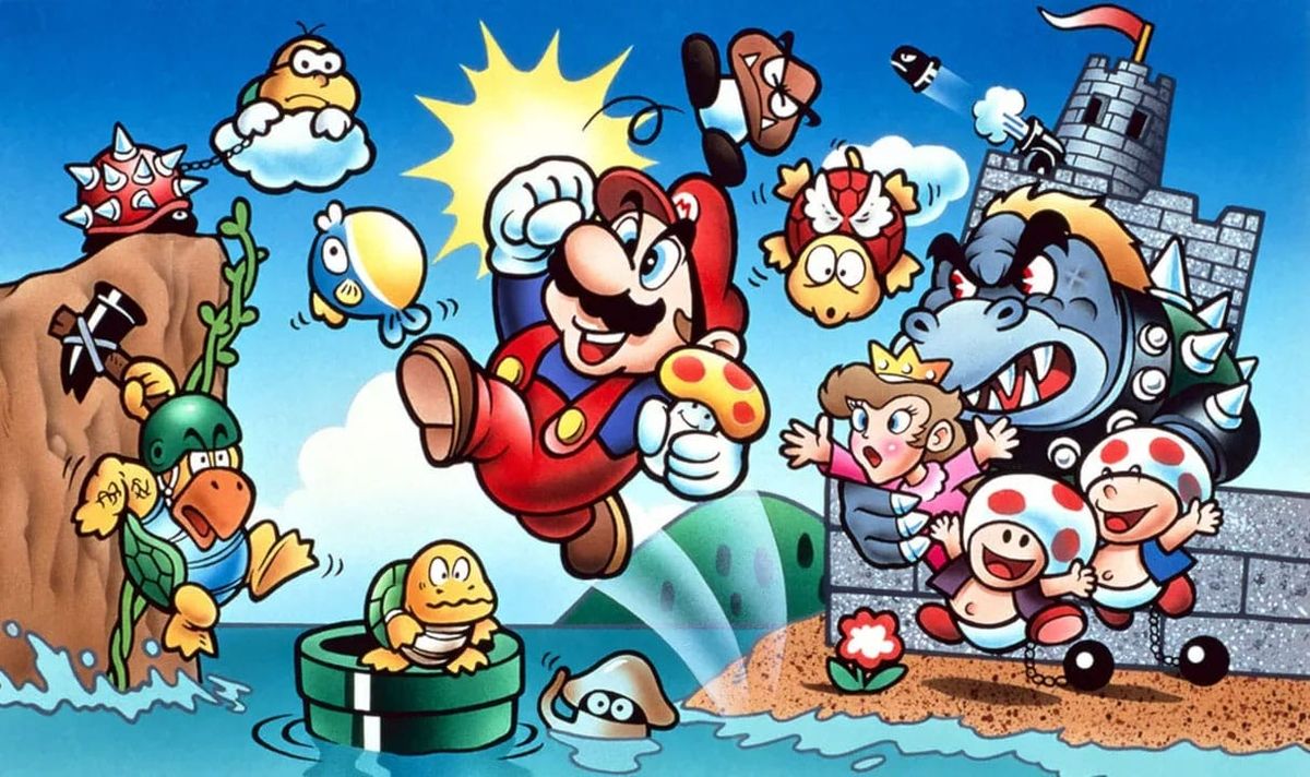 Mario jumping in the middle of the games characters.