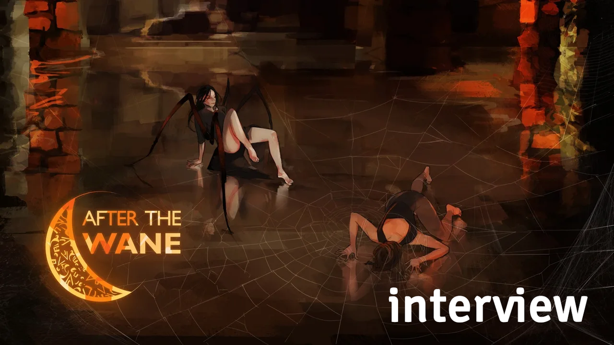 Two people with very expressing poses in a stone room on a reflecting stone floor. One as two couples of spider legs attached to their torso the other is trapp in a huge spiderweb.