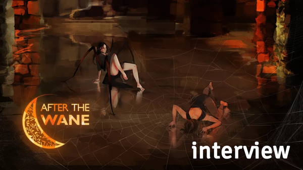 Two people with very expressing poses in a stone room on a reflecting stone floor. One as two couples of spider legs attached to their torso the other is trapp in a huge spiderweb.