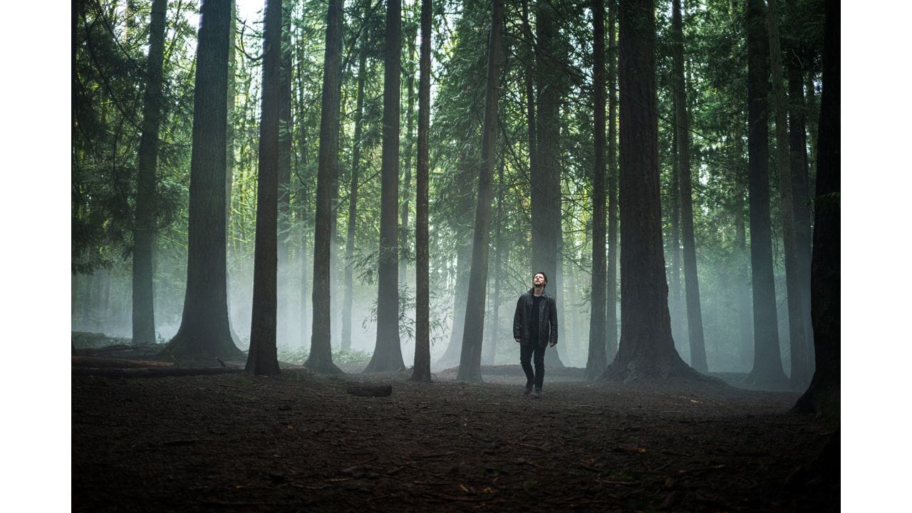 Noah Reid allein in einem nebligen Wald, Szene aus "Yaga"