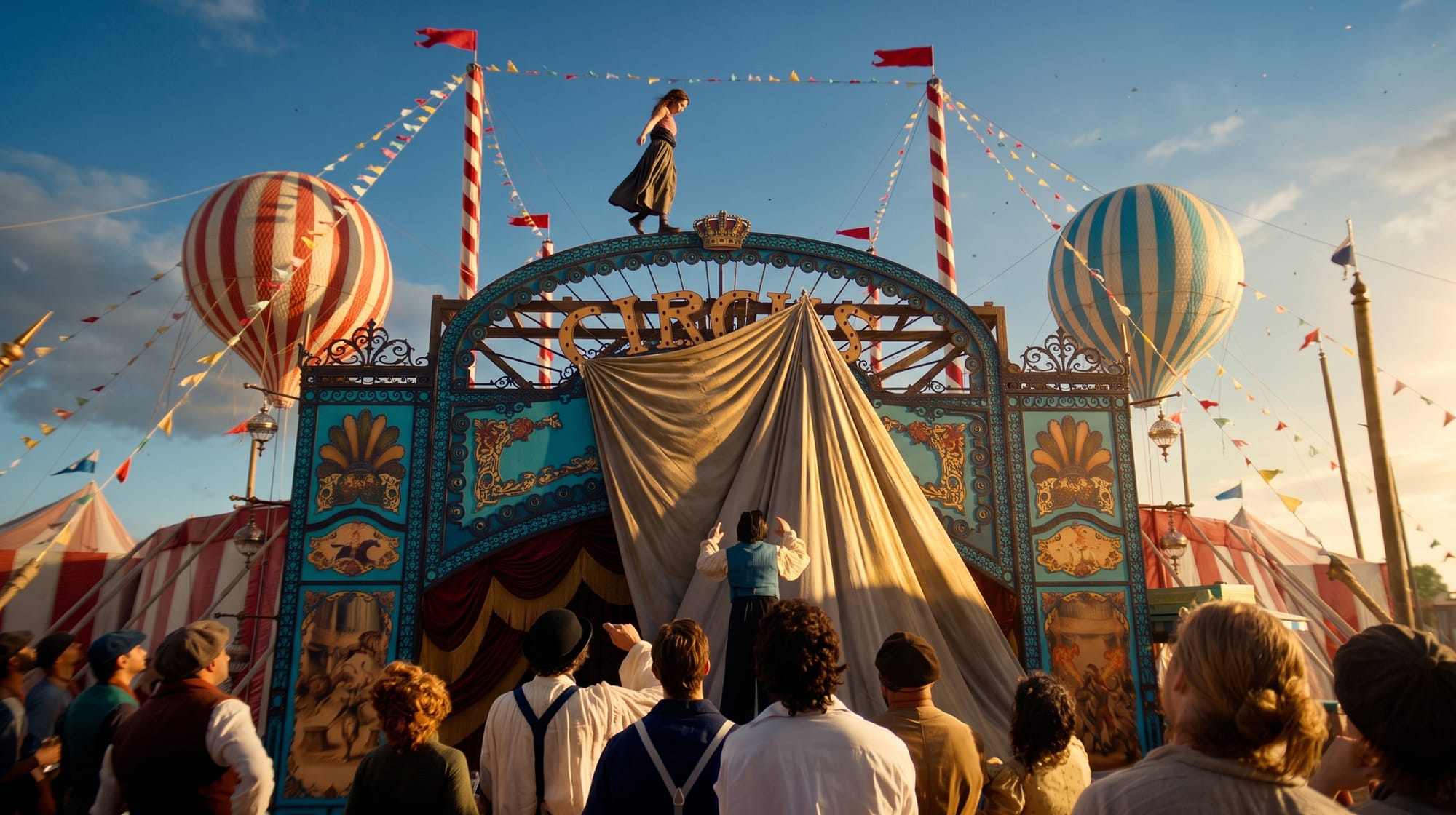 Julia Novohradsky auf dem Eingangsportal eines Zirkuszelts in Der Circus – Welt der Träume