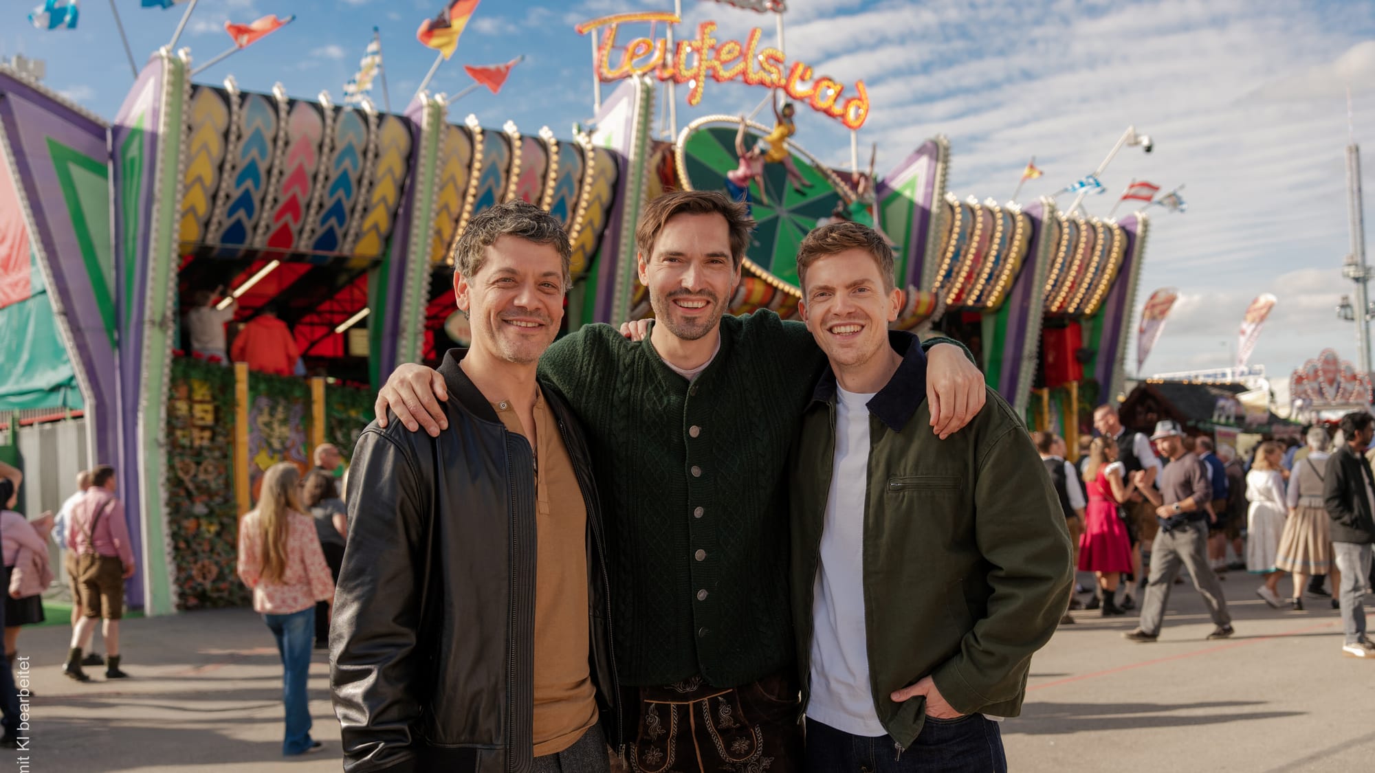 Carlo Ljubek, Aron Lehmann und Ferdinand Hofer Arm in Arm vor dem Teufelsrad