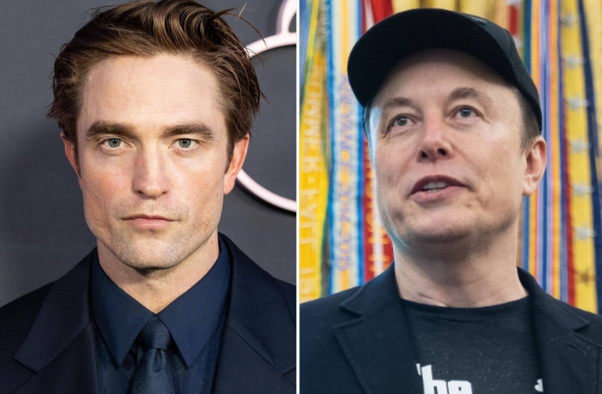 Robert Pattinson neben Elon Musk.