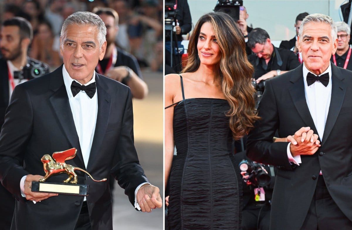 George Clooney posierte mit seinem Goldenen Löwen und mit Ehefrau Amal für die Fotografen in Venedig.