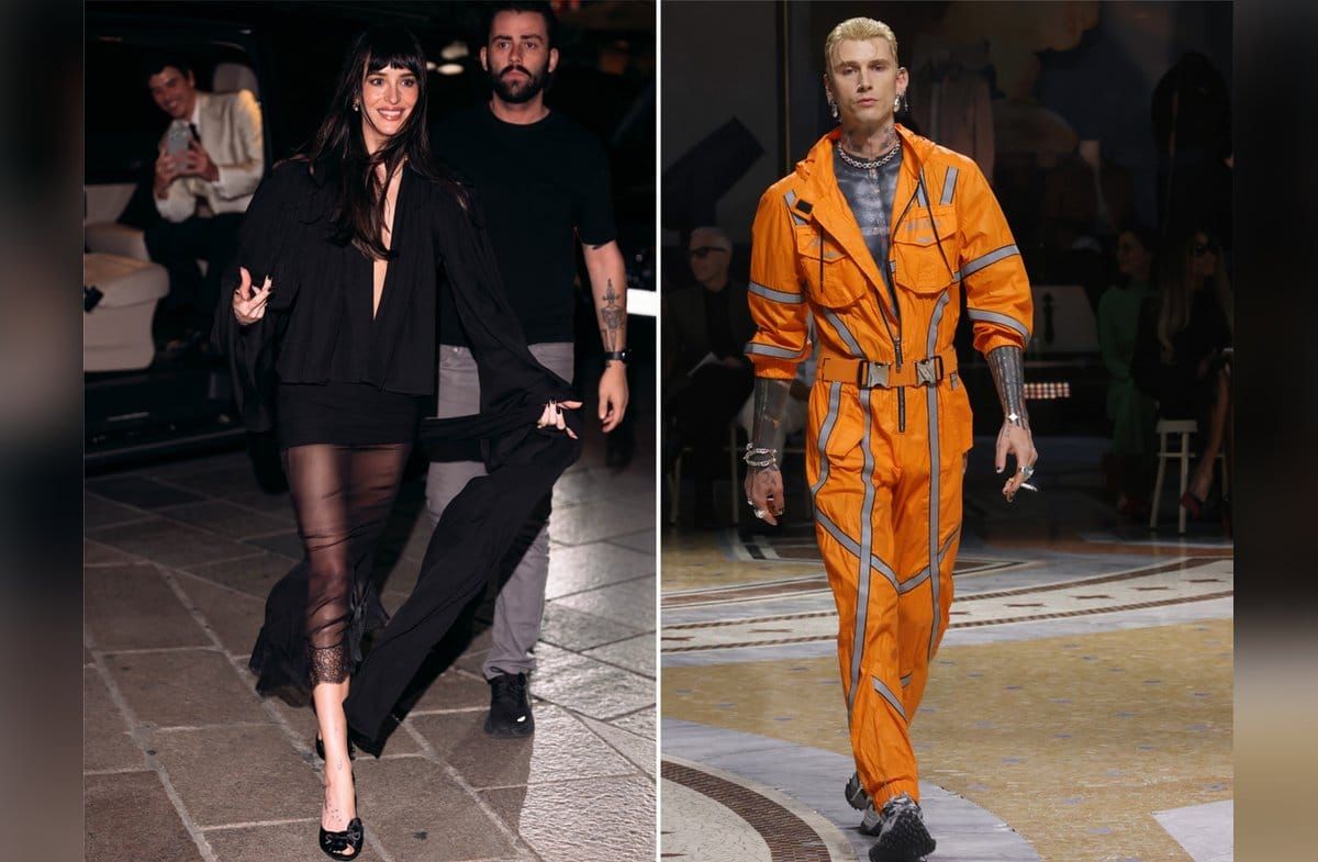 Musiker Machine Gun Kelly lief über den Catwalk bei der Mailänder Modewoche, Schauspielerin Dakota Johnson schaute zu.