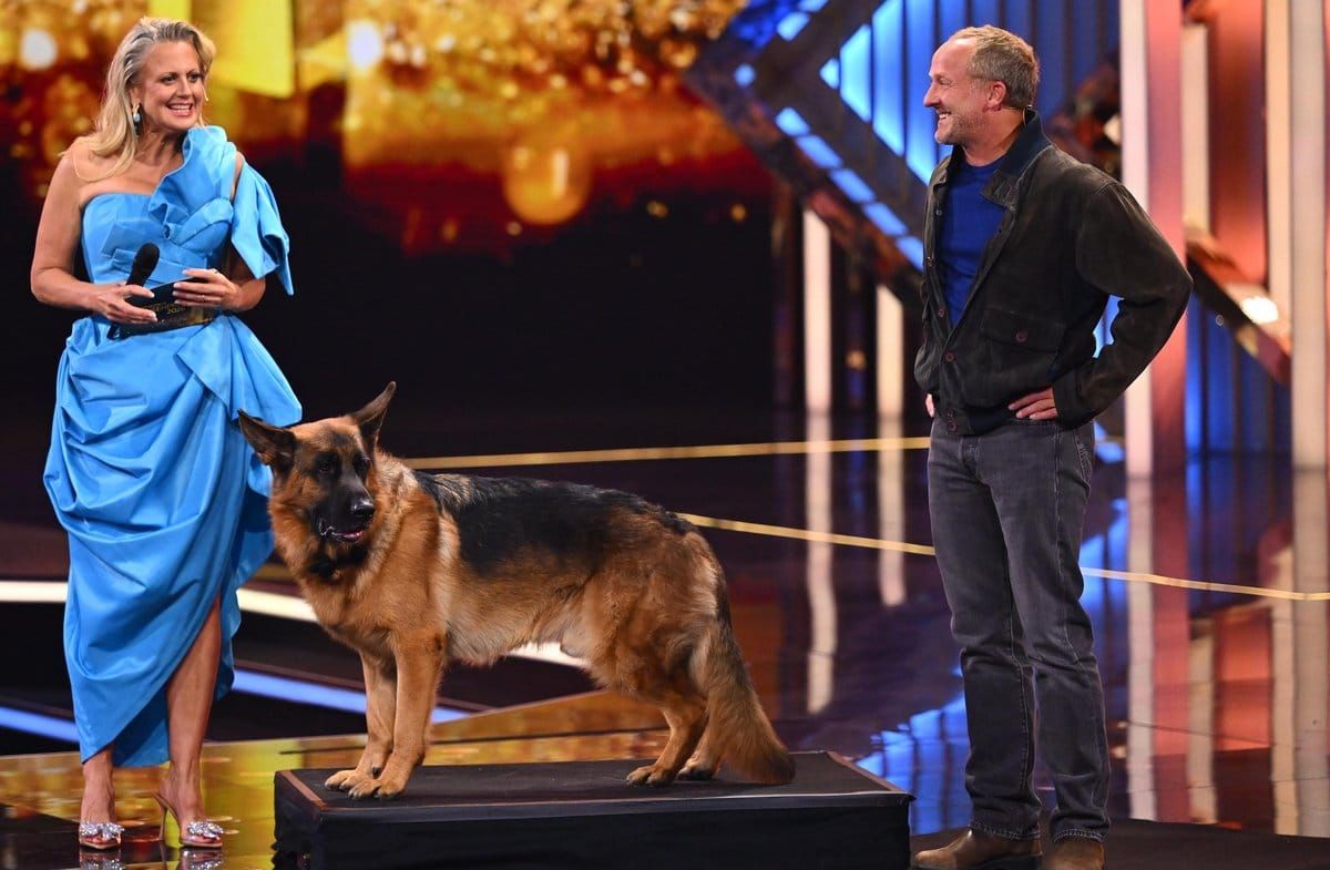 Maximilian Brückner mit "Kommissar Rex" auf der Fernsehpreis-Bühne.