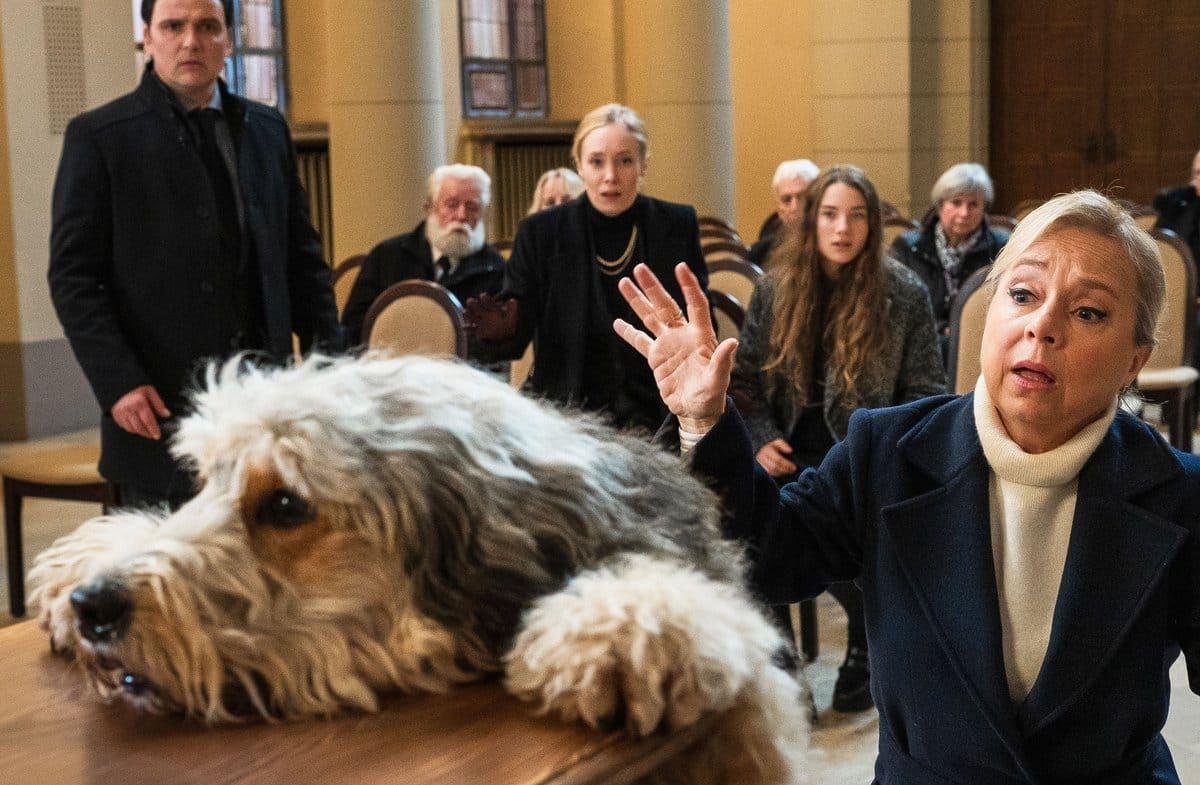 "Einspruch, Schatz! - Hundeliebe": Eva Schatz (ChrisTine Urspruch, r.) und die Familie der Verstorbenen beobachten Hund Bärb…