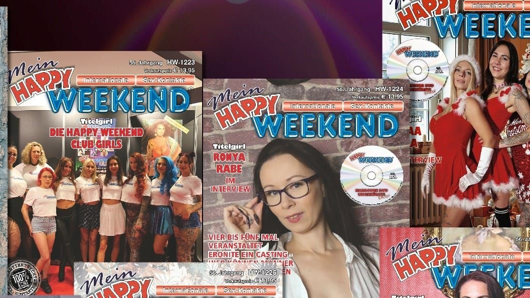 Titelseiten des Erotikmagazins Happy Weekend, darunter Ausgabe 1223 mit den Happy Weekend Club Girls