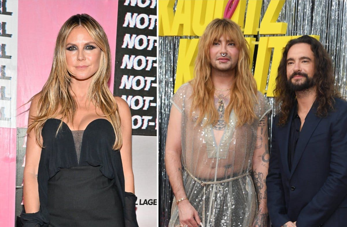 Heidi Klum (li.) sendet Herzchen-Grüße an Bill und Tom Kaulitz (re.).