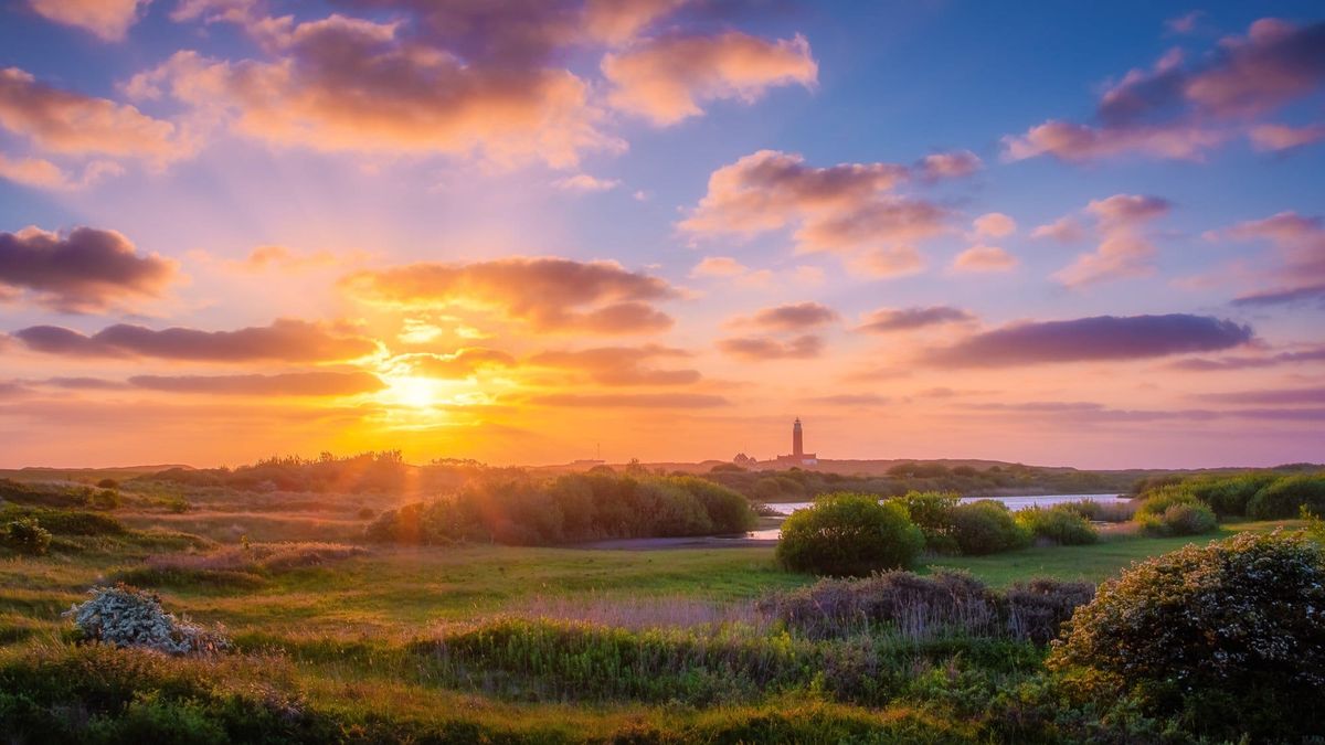 Leuchtturm von Texel im Sonnenuntergang über den Dünen