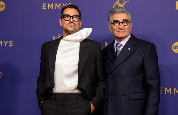 Dan Levy and Eugene Levy arriving at the 76th Primetime Emmy Awards LA Sept 2024 - Getty