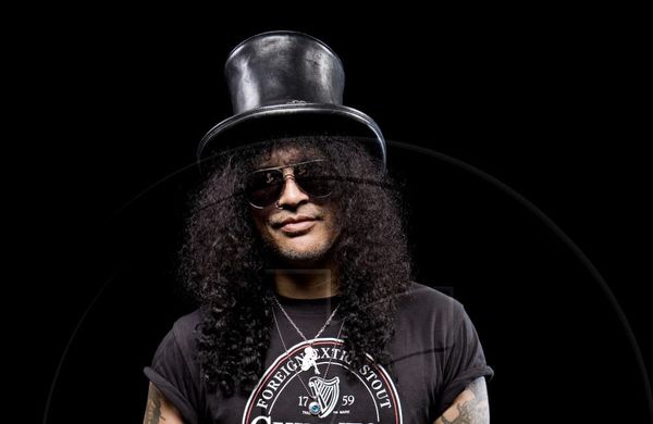 Portrait of Slash and photographed in Manchester