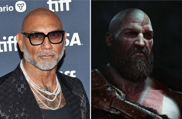 Dave Bautista neben der Computerspielfigur Kratos.