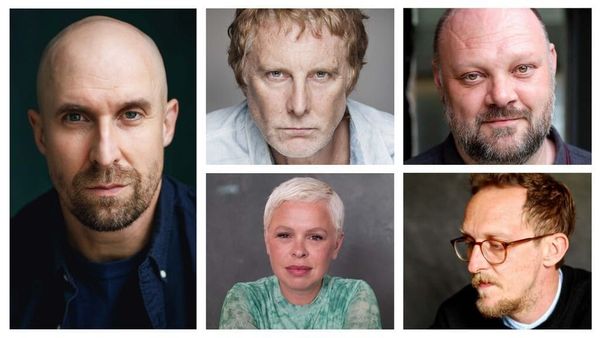 Collage mit Andrew Brooke, David Threlfall, Daniel Fearn, Laura Smyth und Leo Bill, die neu zur Besetzung der HBO-Serie „Harry Potter“ gehören