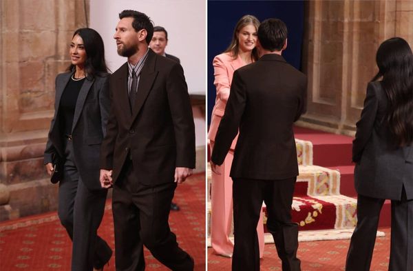 Lionel Messi mit seiner Ehefrau (li.) und beim Händeschütteln mit Prinzessin Leonor.