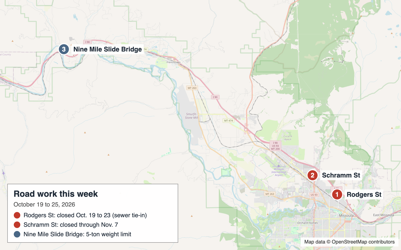 Map of Missoula County road work for Oct. 19 to 25, 2026: Rodgers Street closure on the Northside, Schramm Street closure in the Westview Park area, and the Nine Mile Slide Bridge weight limit