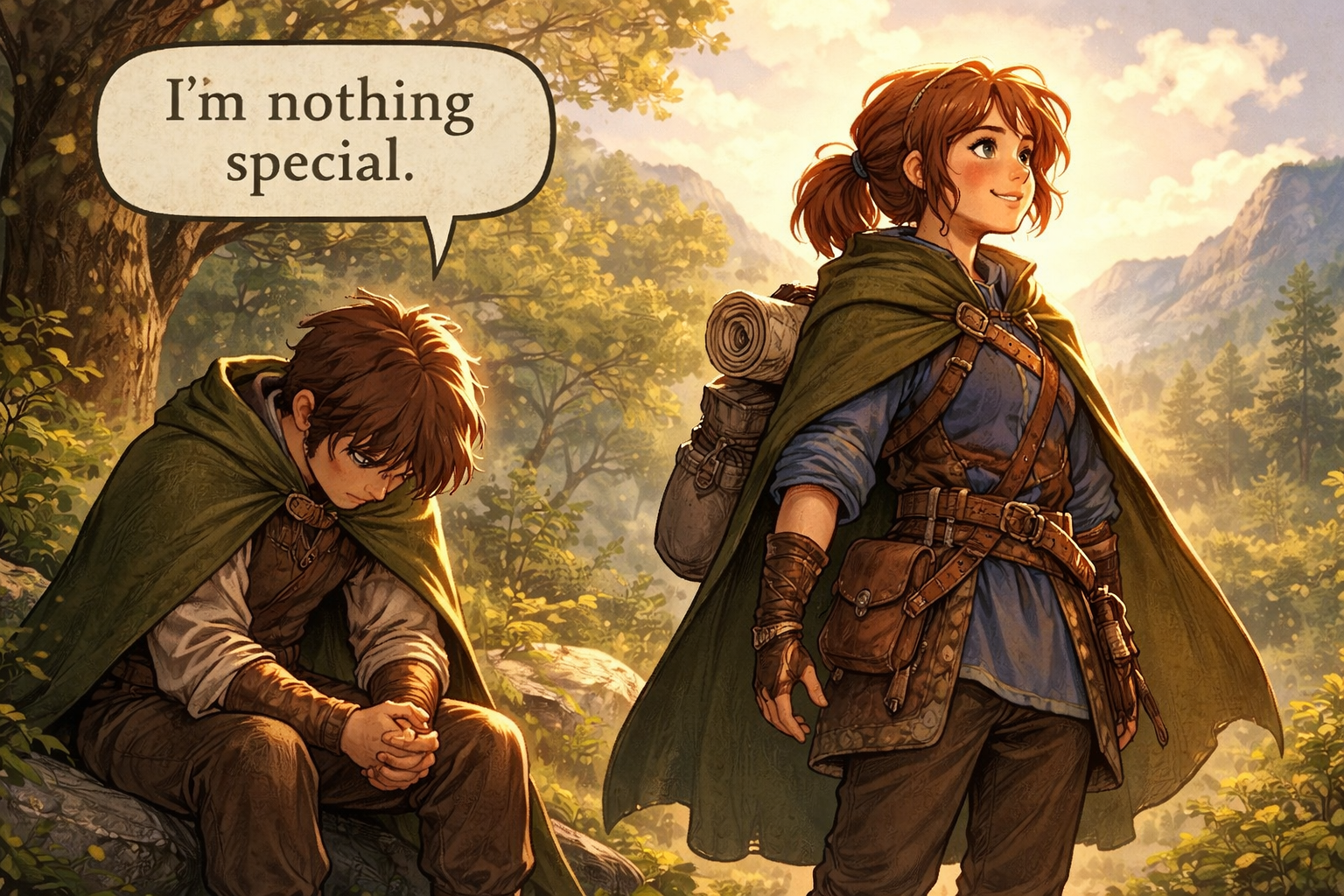 Two figures. One hunched, looking down, saying "I'm nothing special." The other standing comfortably, looking outward with interest.