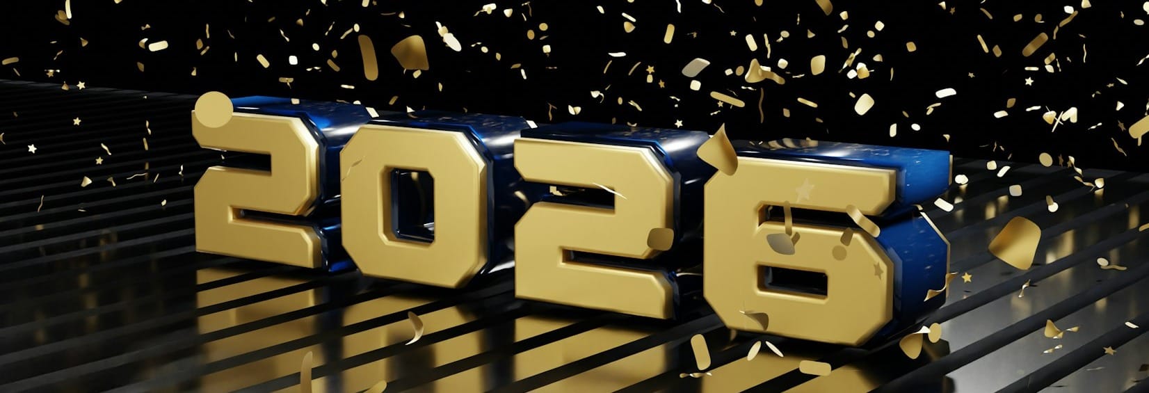 Golden 2026 numbers with falling confetti