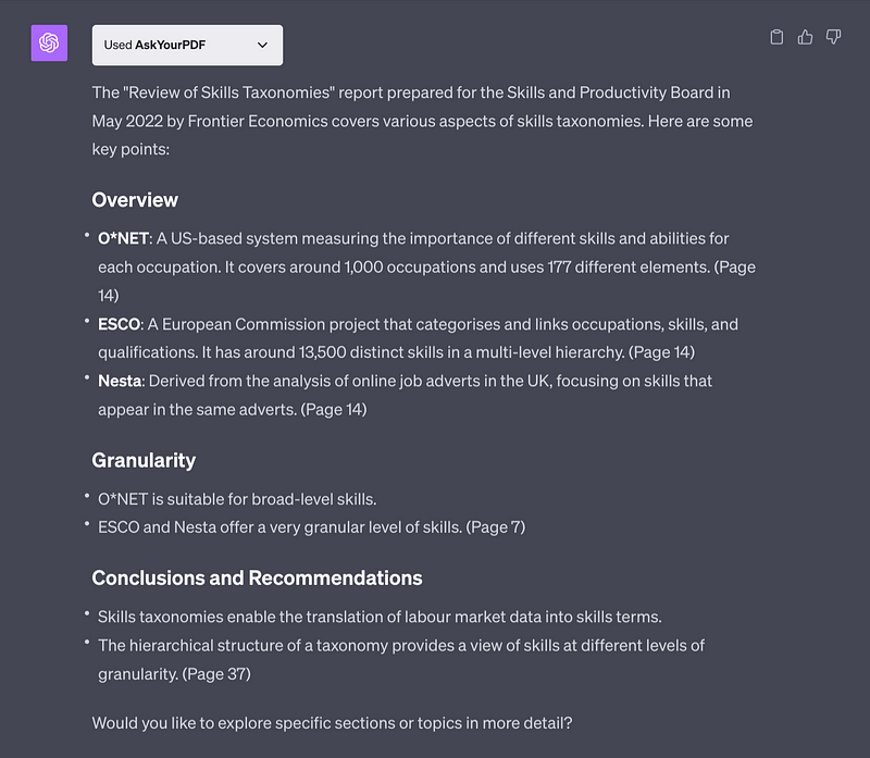 Screenshot of ChatGPT response