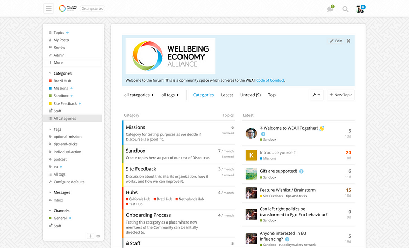 Screenshot of Discourse-powered WeAll community platform