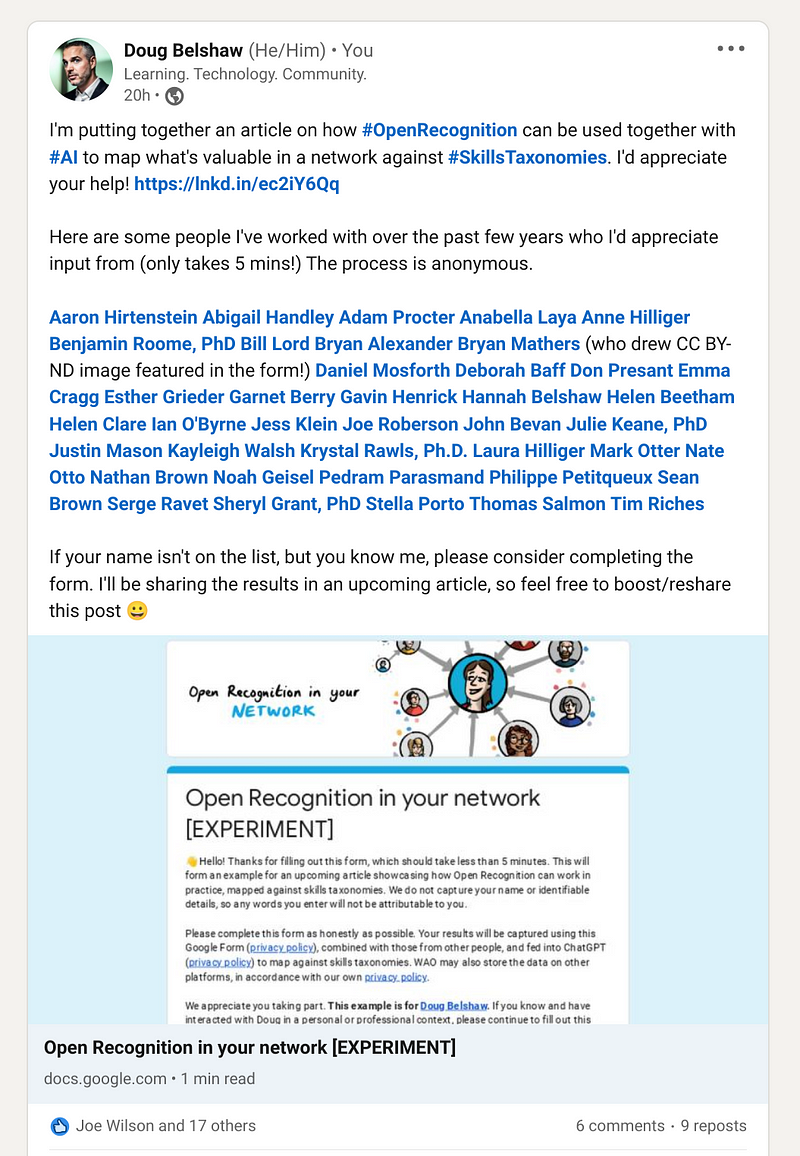 Screenshot of example LinkedIn post sharing online form and tagging relevant people from your network