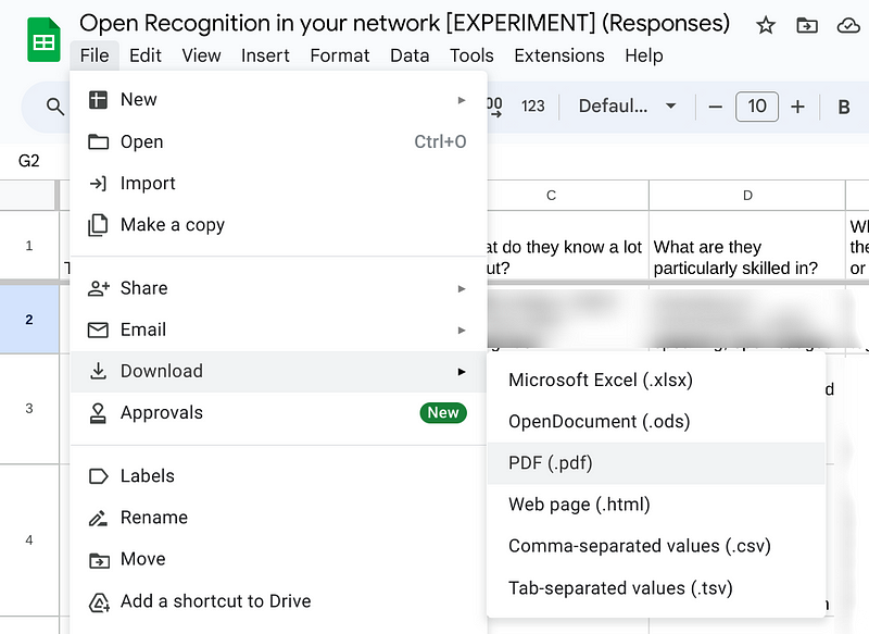 Screenshot showing how to download Google Sheet to PDF