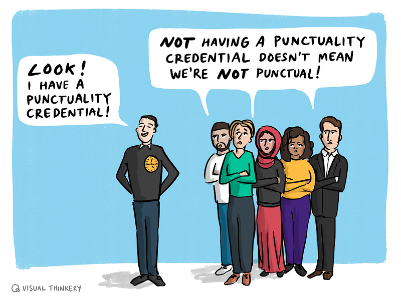 Person standing separately from a group, looking smug while proudly displaying badge with a ‘clock’ on it. They are saying “L