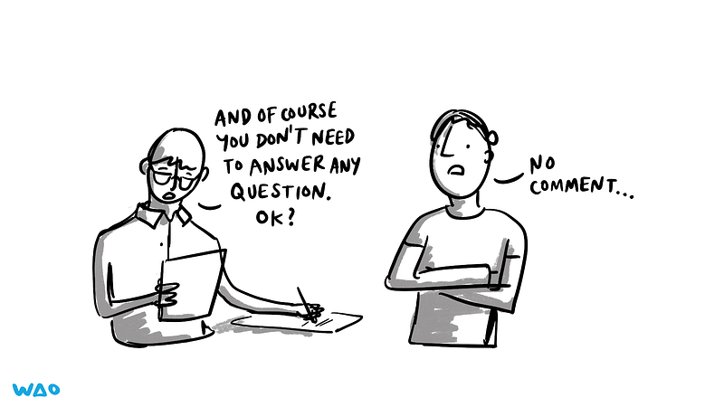 a cartoon where a man says “and of course you don’t have to answer any question, ok?” and another man saying “no comment”