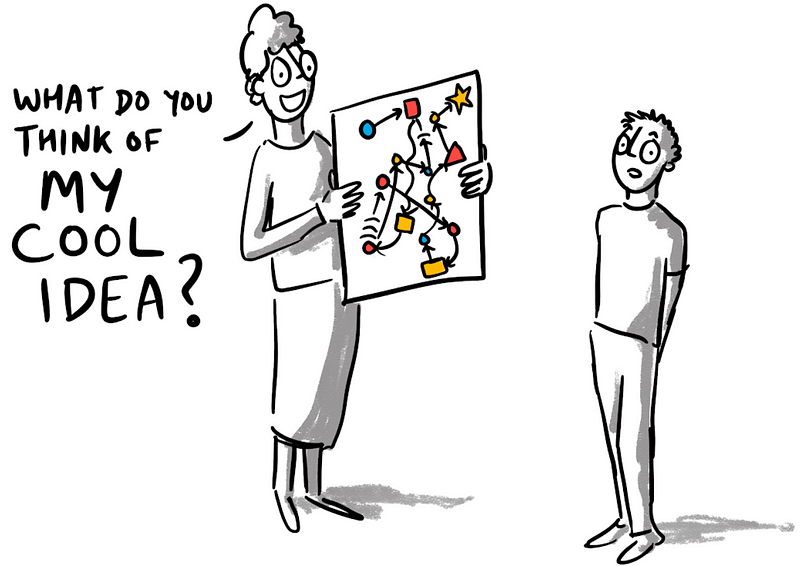 Person with a smile on their face showing a confusing diagram to someone who is looking bewildered. The person with the diagram is saying “What do you think of my cool idea?”