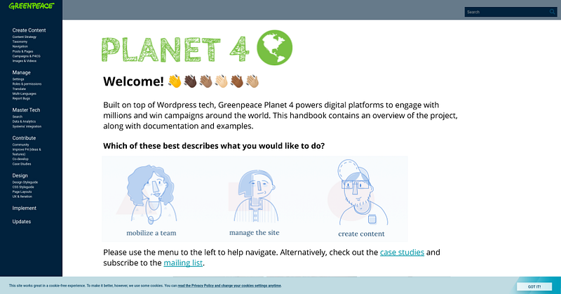 Screenshot of potential new design for Planet 4 Handbook page