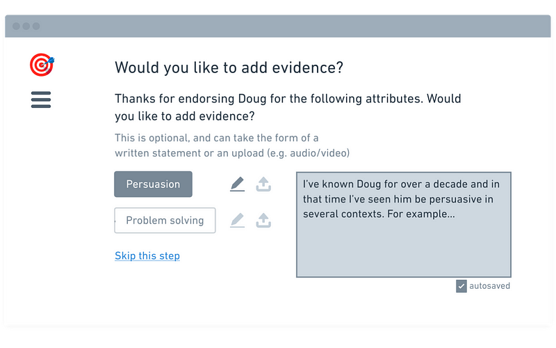 Wireframe showing option to add evidence to endorsement