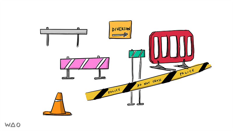 A collection of different kinds of barriers, cones, and police tape saying “Do Not Cross”