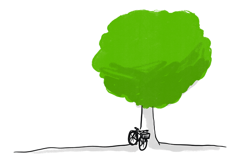 Illustration of a bicycle leaning against a tree