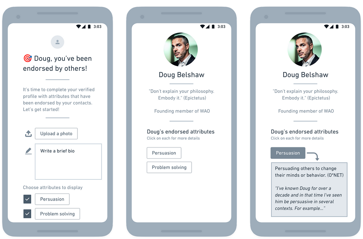 Wireframes showing creation of verified profile
