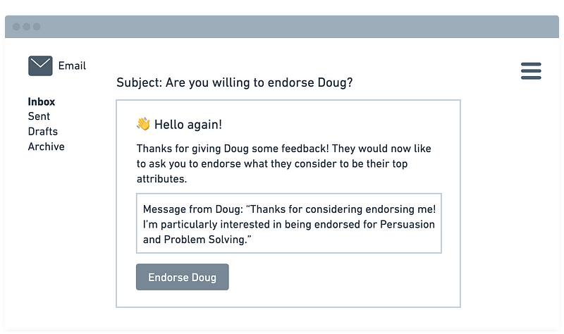 Wireframe of email asking if the contact is willing to endorse the user