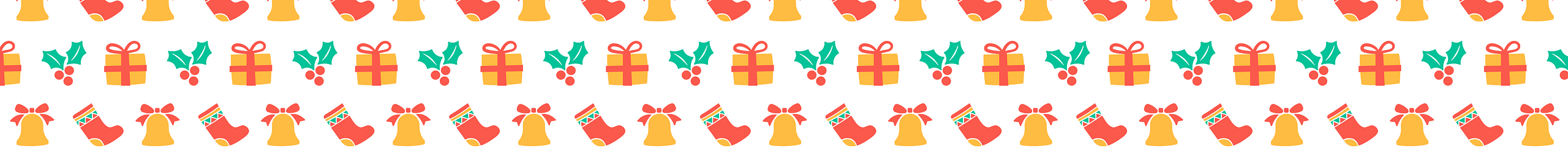 Pattern featuring gifts, holly, bells, and Christmas stockings
