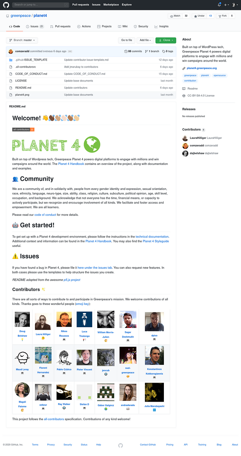 Screenshot of Greenpeace Planet 4 repository on GitHub