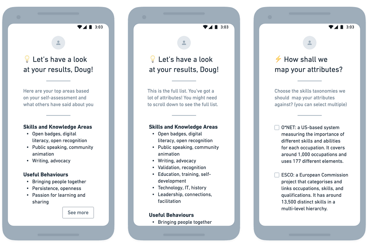 Wireframes showing workflow for receiving results and choosing which skills taxonomies to map against