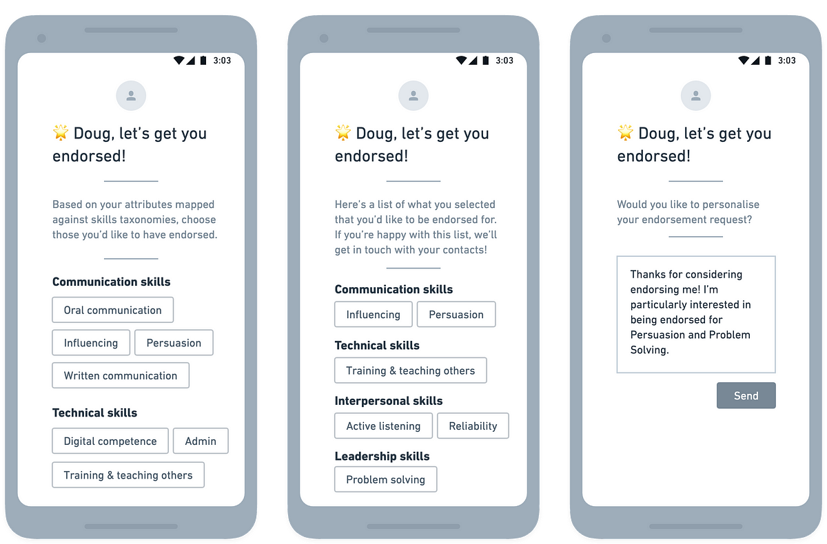 Wireframes showing workflow of selecting attrbutes to have endorsed and then personalising an endorsement request
