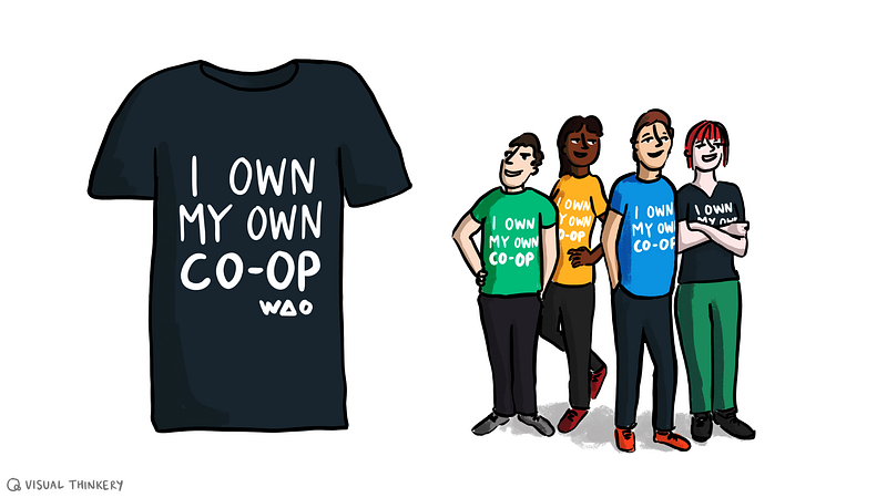 Illustration showing a t-shirt saying “I own my own co-op” along with the WAO logo. Several people are also stood together we